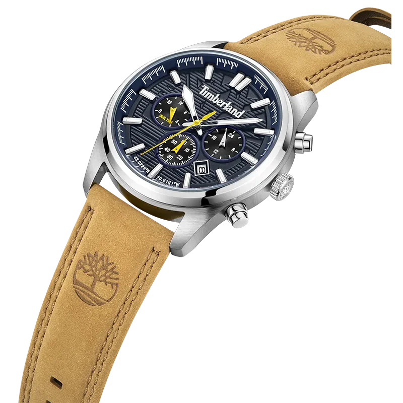 Timberland Northbridge TDWGF0009602 i skrå vinkel med blå skive, lys brun rem og stålfarvede detaljer