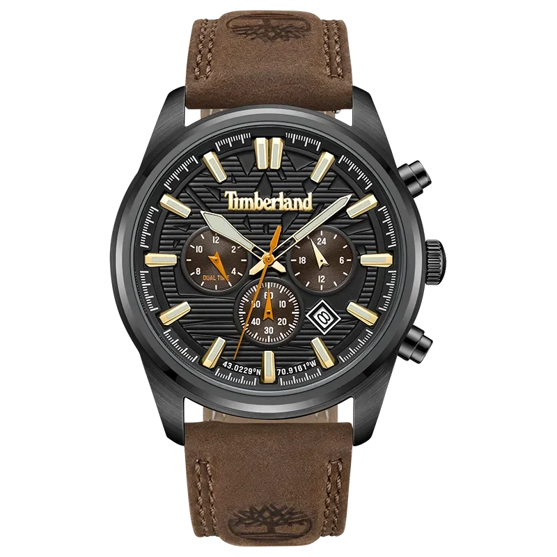 Timberland Northbridge TDWGF0009603 herreur med sort skive, brun rem og mørk urkasse set forfra