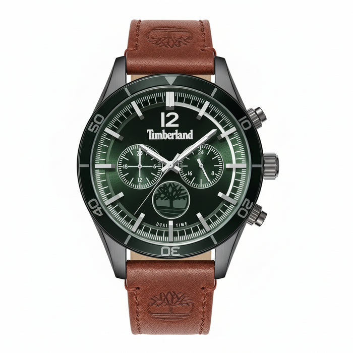 Timberland Ashmont TDWGF0011203 herreur med grøn skive, brun læderrem og sort urkasse set forfra