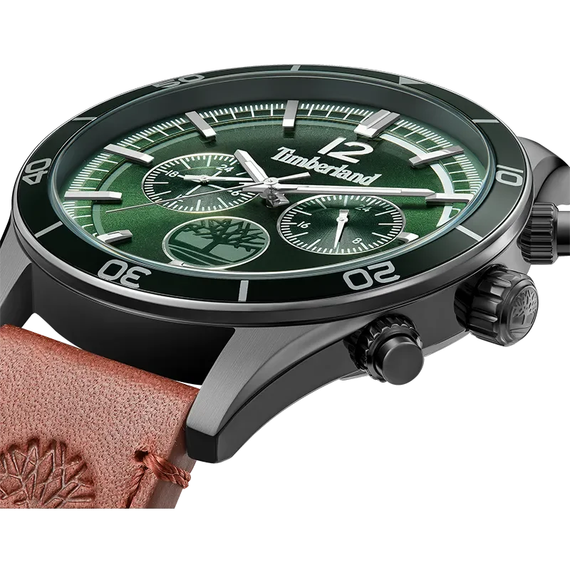 Timberland Ashmont TDWGF0011203 herreur i skrå vinkel med grøn skive, brun læderrem og detaljeret bezel
