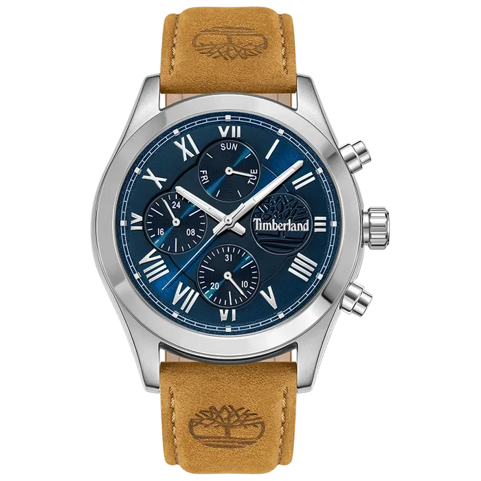 Timberland Ashmont TDWGF0082602 herreur med blå skive, lys brun rem og stålfarvet urkasse set forfra