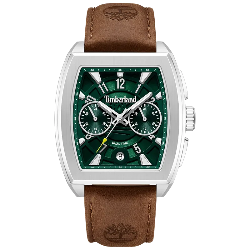 Timberland Morristown TDWGF0094102 herreur med grøn skive, brun rem og firkantet stålfarvet urkasse set forfra