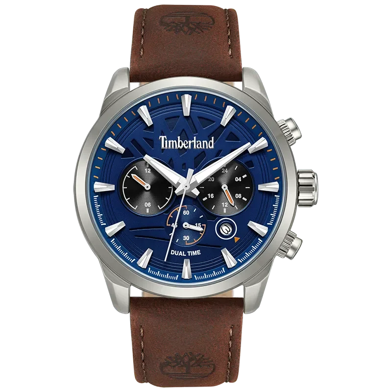 Timberland Henniker II TDWGF0095001 herreur med blå skive, brun rem og stålfarvet urkasse set forfra