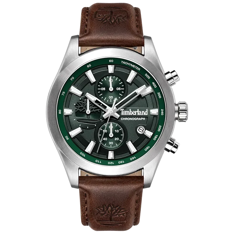 Timberland Ashmont TDWGF0095101 herreur med grøn skive, brun rem og stålfarvet urkasse set forfra