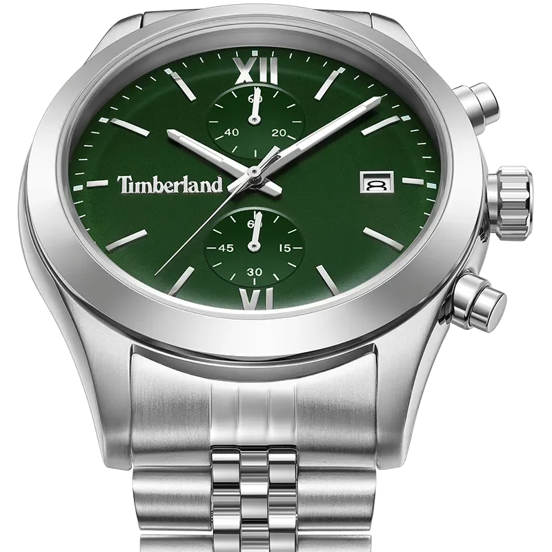 Nærbillede af Timberland Ripgorge TDWGI0075205 med grøn skive, datovisning og stålfarvede detaljer