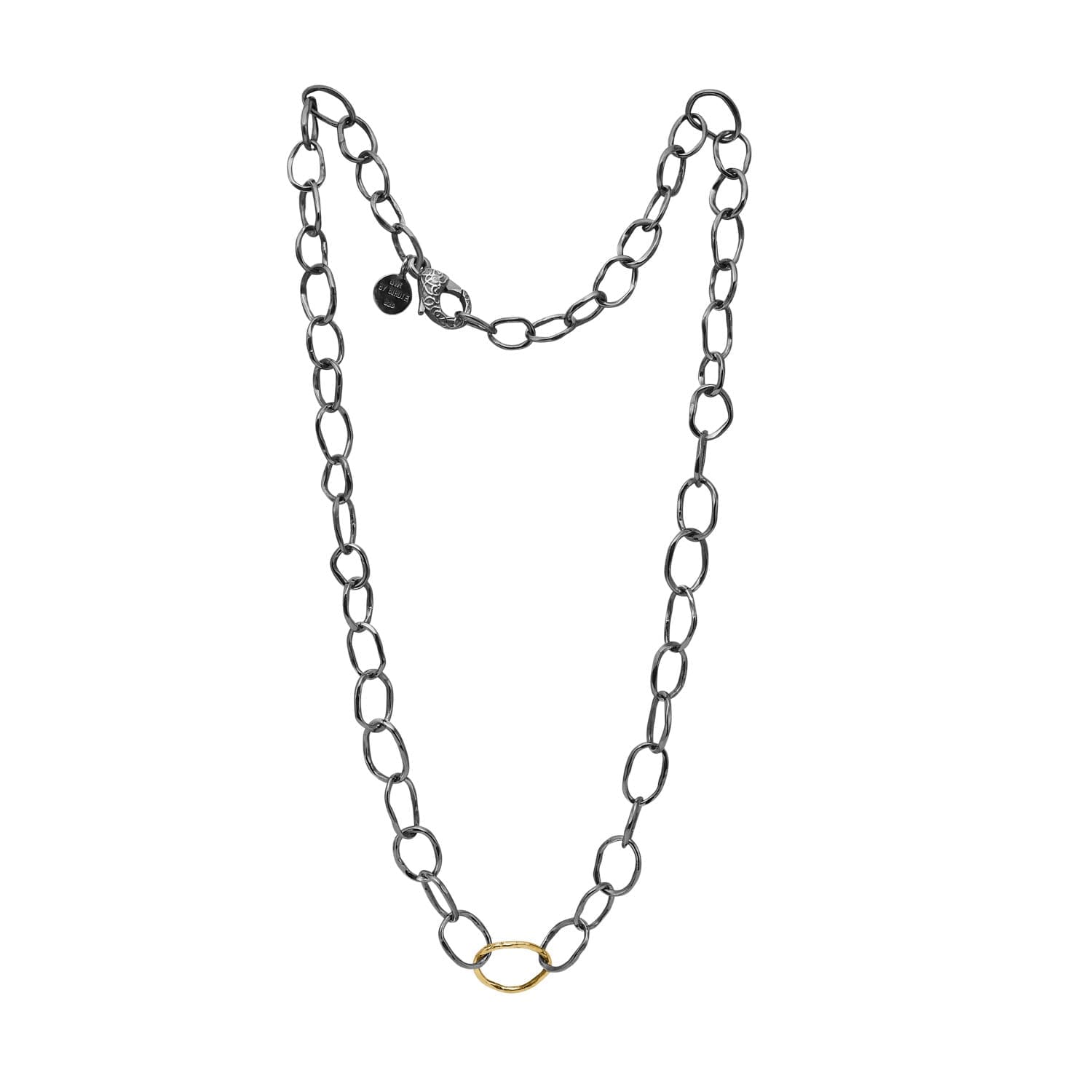 Apollo Slim Golden Link 50 cm halskæde i 925 sterlingsølv med ét led i 18 karat guld og råt elegant kædedesign.
