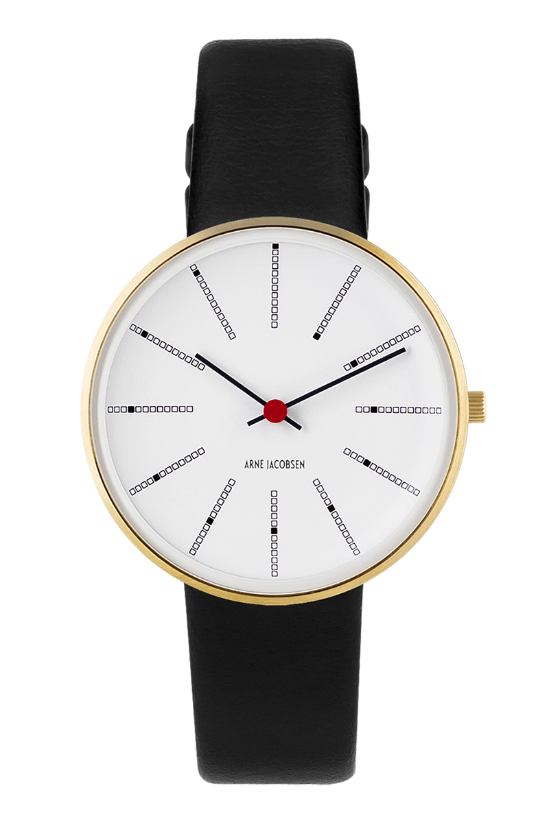 Arne Jacobsen Bankers Hvid 34 mm armbåndsur med hvid urskive, børstet guldfarvet urkasse, sort 16 mm læderrem, Miyota GL26 og 3 ATM vandtæthed.
