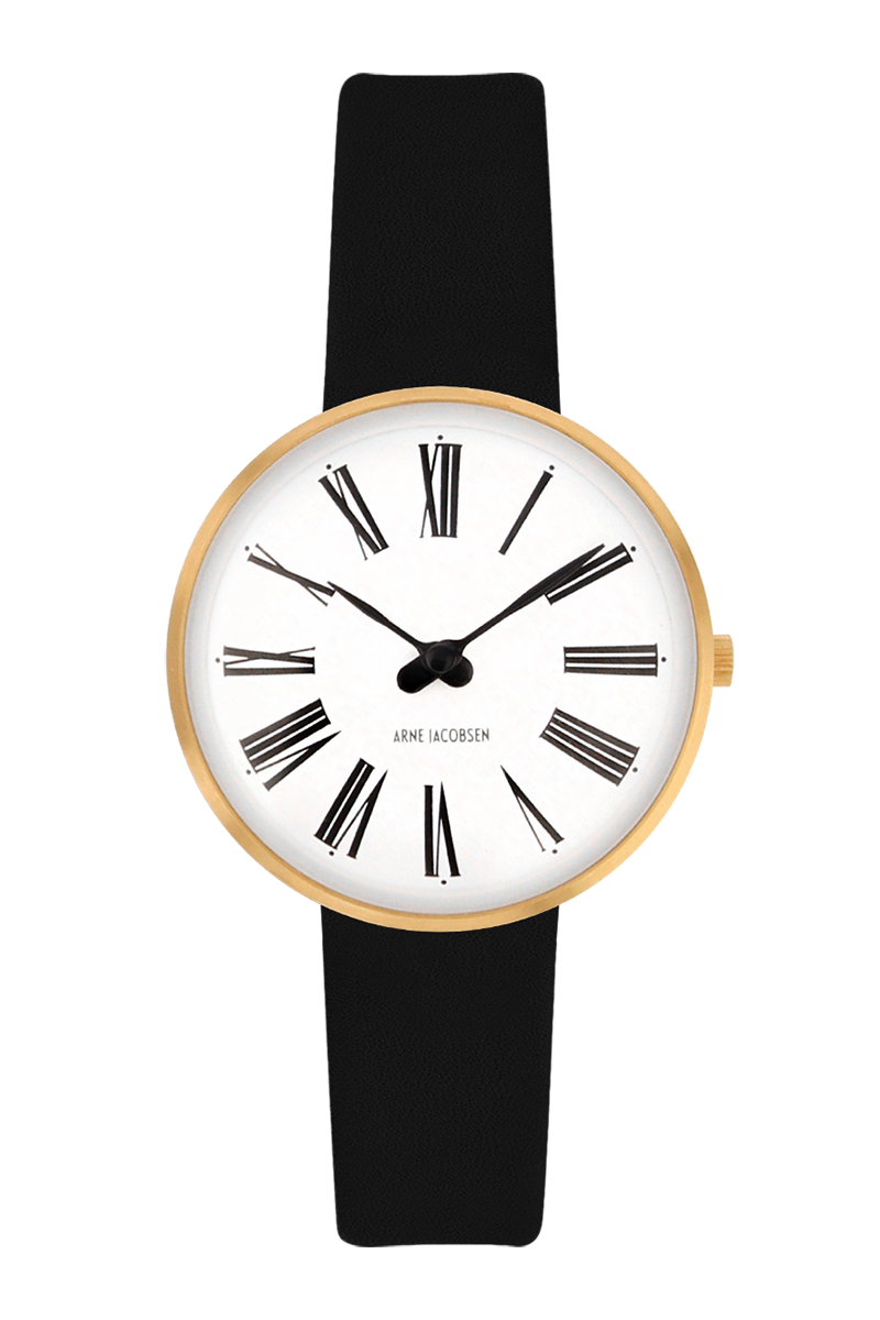Arne Jacobsen Roman Hvid 30 mm armbåndsur med hvid urskive, børstet guldfarvet urkasse, sort 14 mm læderrem, Miyota 5Y20 og 3 ATM vandtæthed.