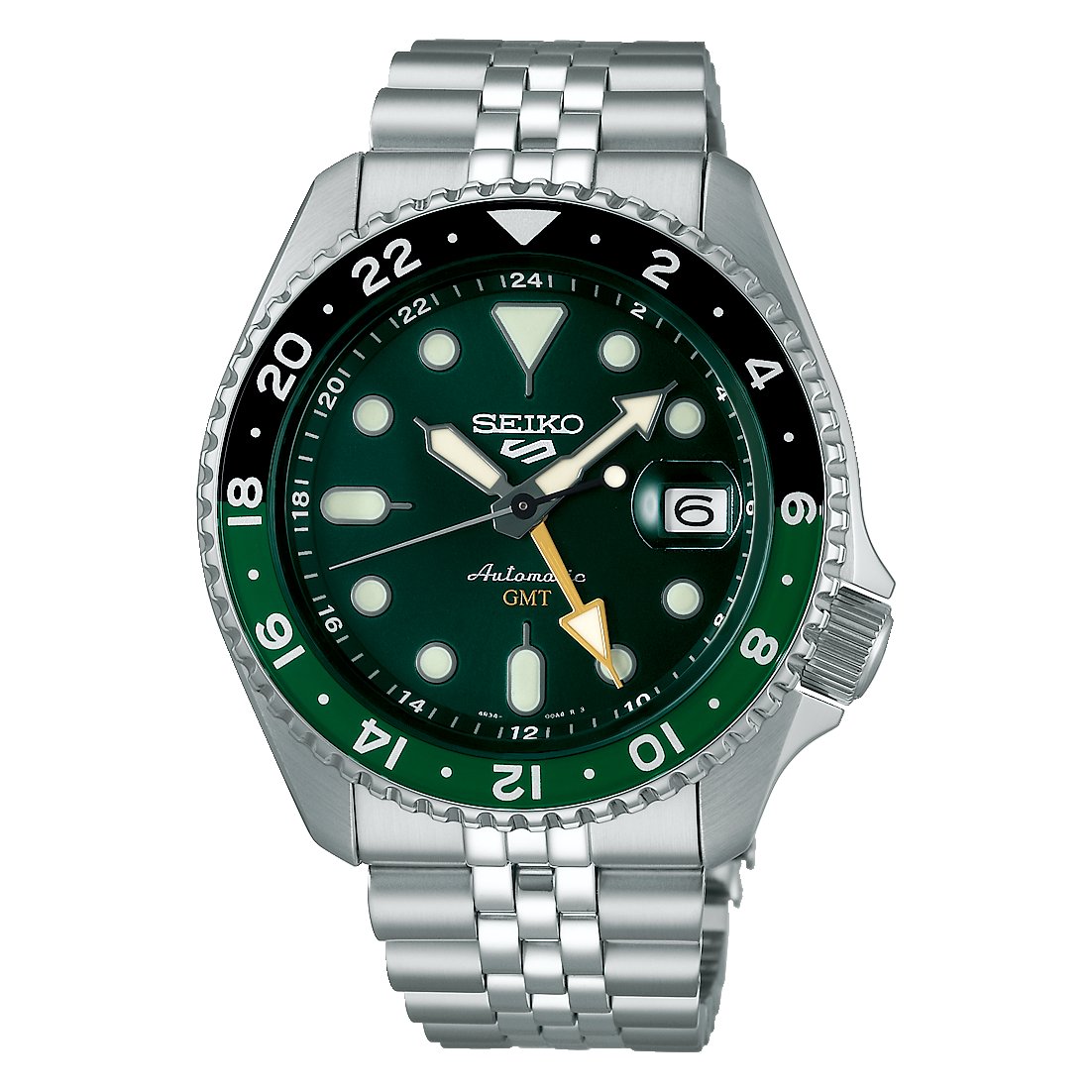 Seiko 5 Sports SSK035K1 automatisk GMT herreur med grøn urskive og stållænke