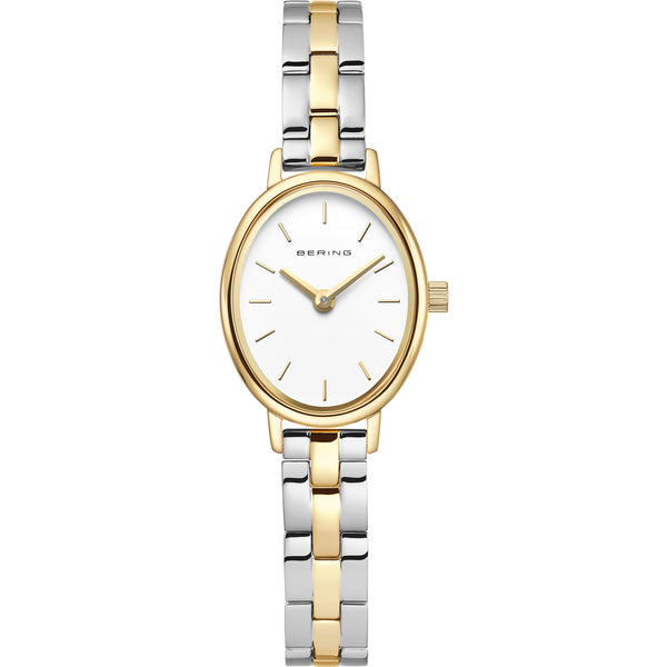 BERING Classic 11020-714 dameur med hvid urskive, oval poleret guldfarvet urkasse, tofarvet lænke i rustfrit stål, safirglas, kvartsurværk og 3 ATM vandtæthed.
