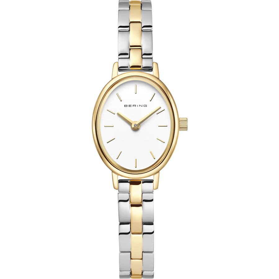 BERING Classic 11020-714 dameur med hvid urskive, oval poleret guldfarvet urkasse, tofarvet lænke i rustfrit stål, safirglas, kvartsurværk og 3 ATM vandtæthed.