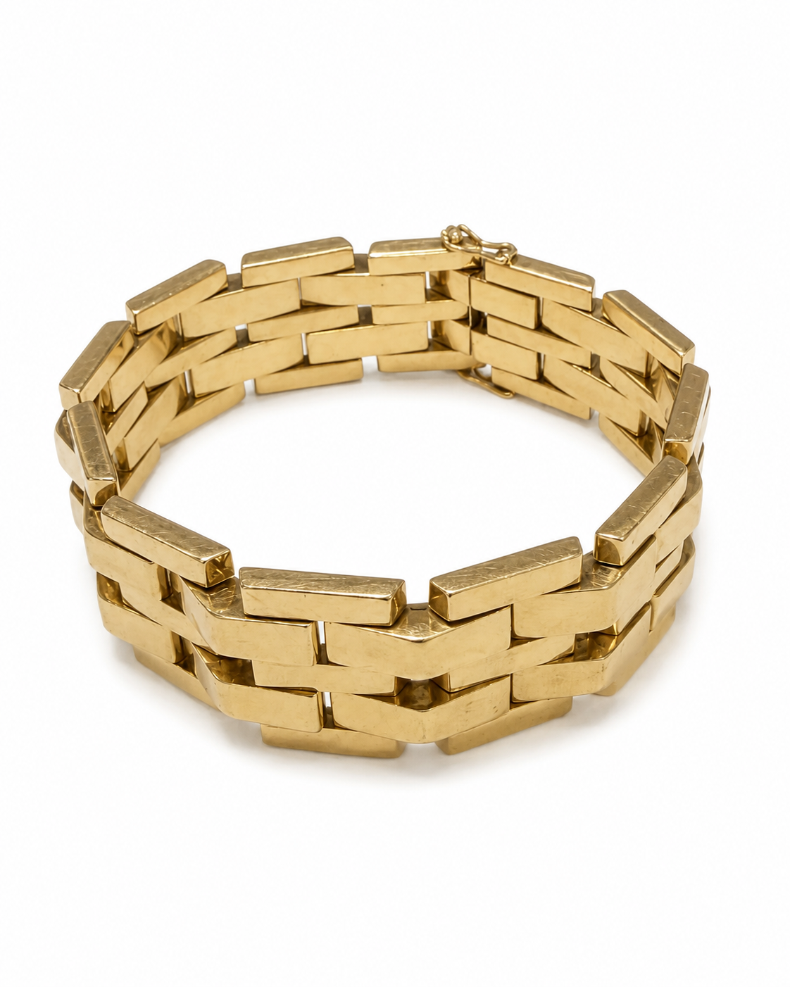Brugt 14 kt. bredt armbånd 18 cm med geometriske led set forfra [ai-redigeret]