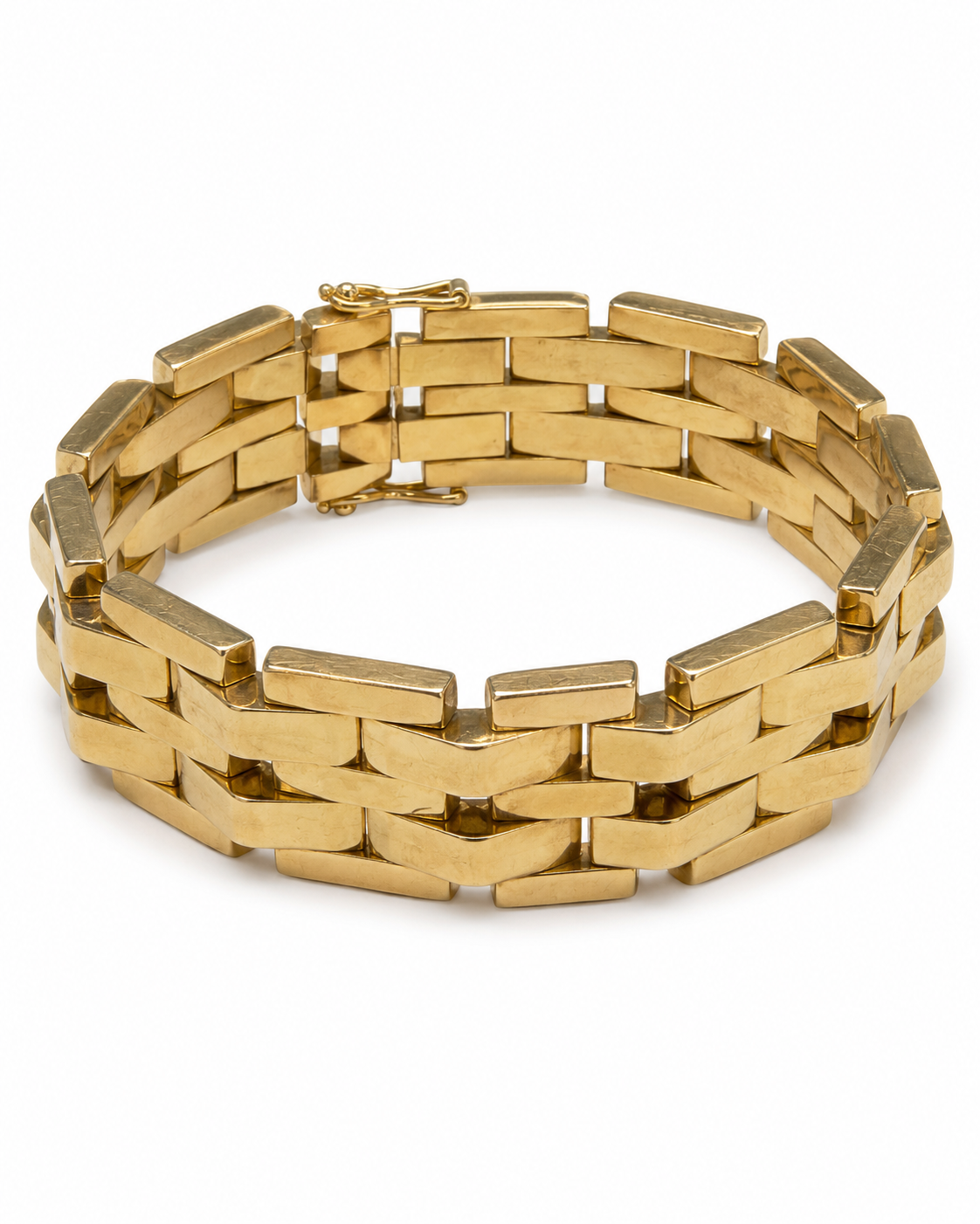Brugt 14 kt. bredt armbånd 18 cm med sikkerhedslås og geometriske led [ai-redigeret]