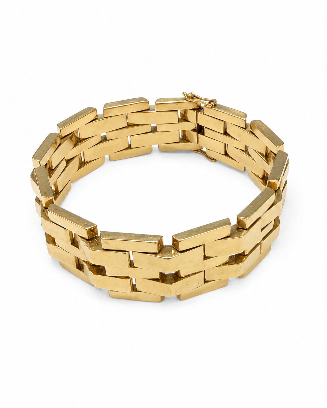 Brugt 14 kt. bredt armbånd 18 cm med brede rektangulære led set i vinkel [ai-redigeret]