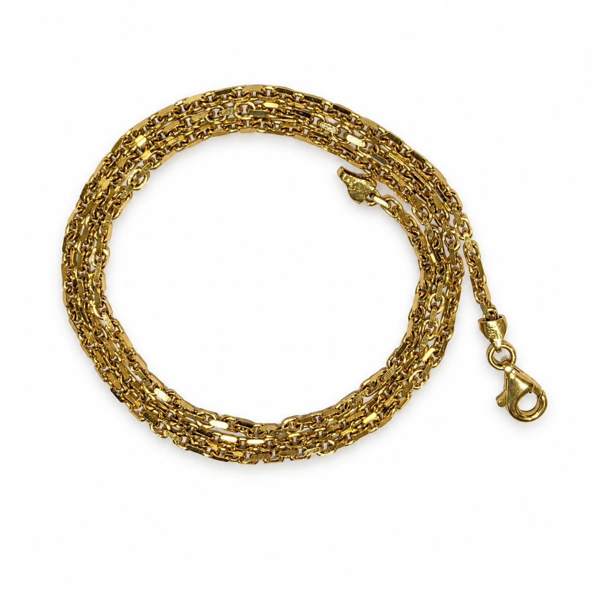 Brugt 14 kt. guld anker facet halskæde samlet i blød cirkel, 45 cm og 6,7 g, med facetterede aflange led og karabinlås – BRUGT0135 [ai-redigeret]