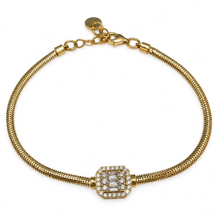 Brugt armbånd i 14 kt. guld med dekorativt midterled besat med klare sten, længde 17,5 cm plus 3 cm forlængerkæde og karabinlås – BRUGT0133 [ai-redigeret]
