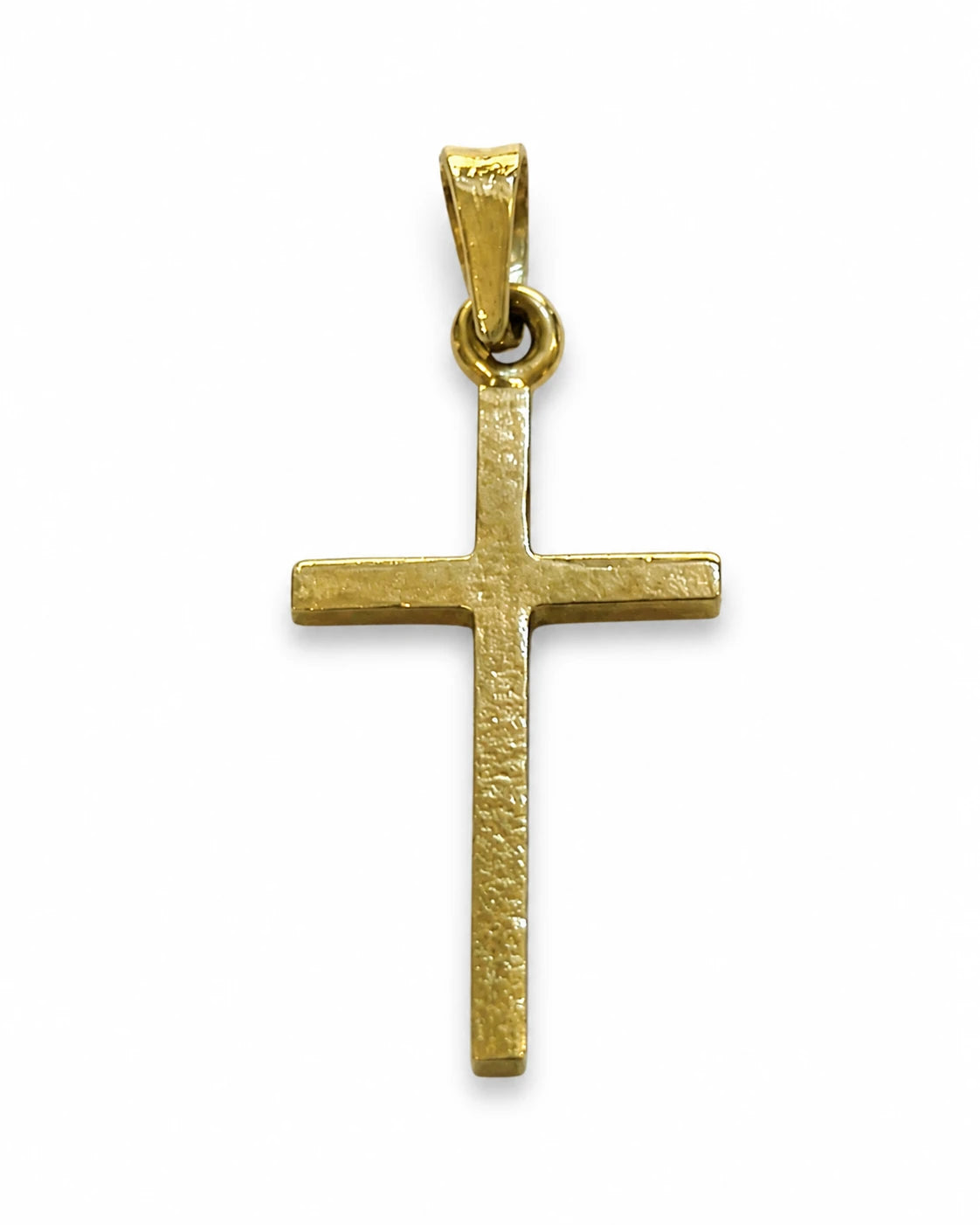 Brugt korsvedhæng i 14 kt. guld, 12 x 18 mm uden øsken, set forfra [ai-redigeret]