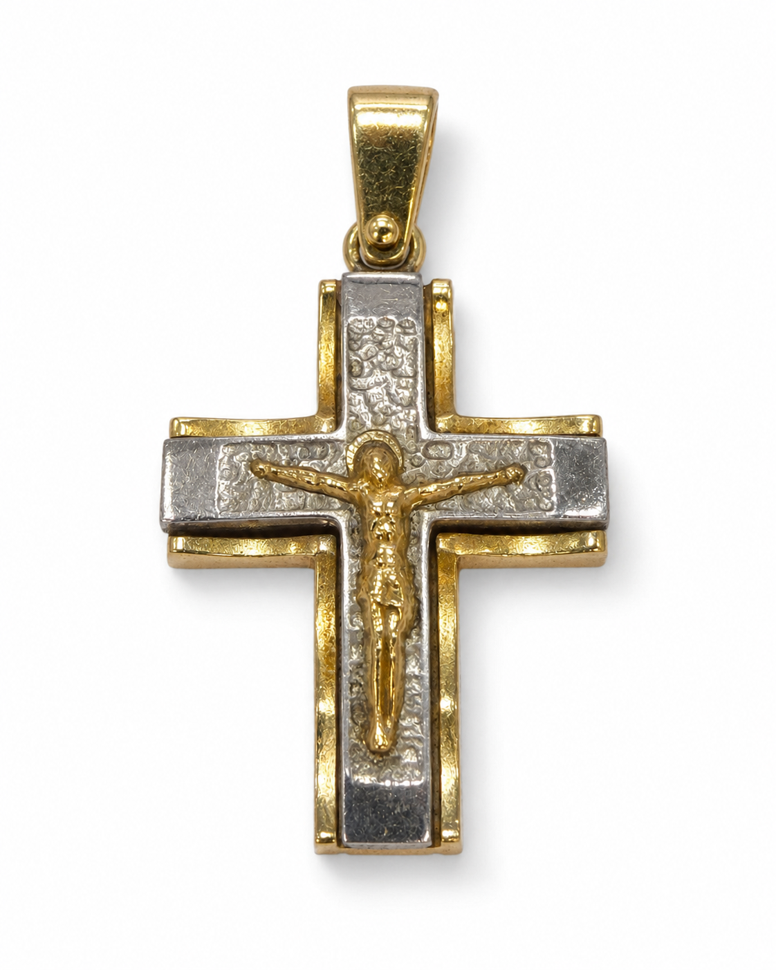 Brugt kors i 14 kt. rød- og hvidguld med Jesus-motiv og struktureret front [ai-redigeret]