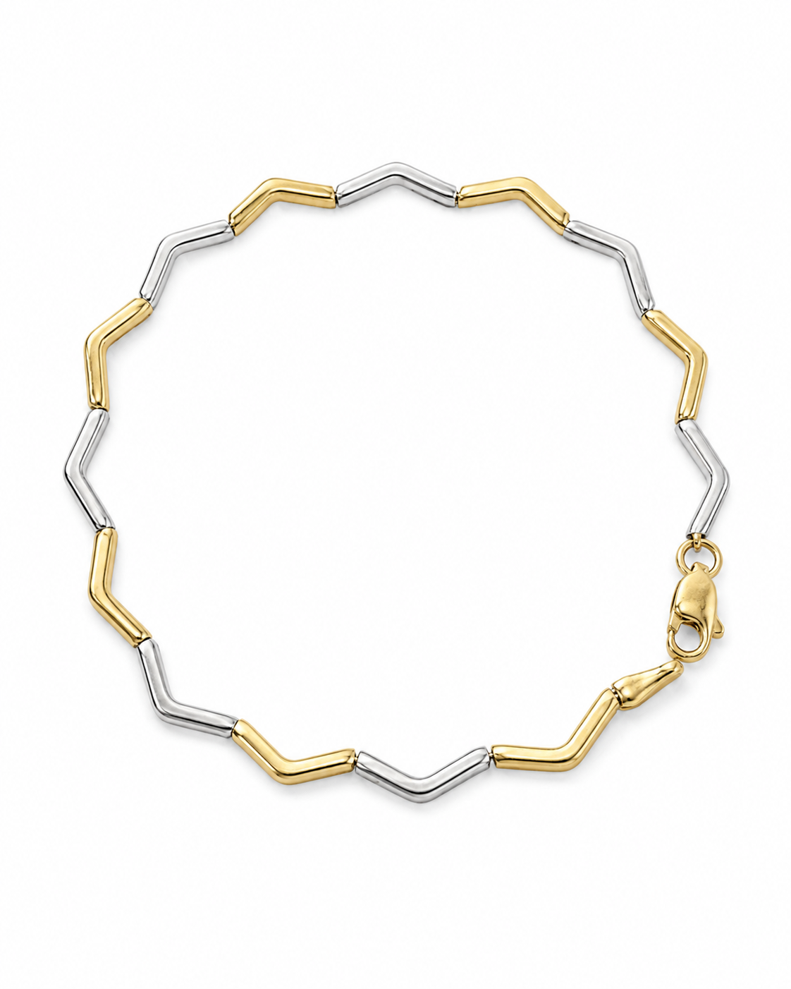 Detaljebillede af brugt 14 kt. armbånd i rød- og hvidguld med vinkelformede led [ai-redigeret]