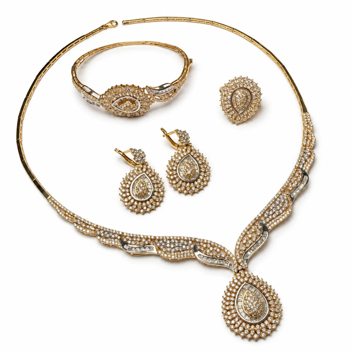 Brugt 18 kt. bryllupssæt med zirkonia – collier, armbånd, øreringe og ring – BRUGT0120
