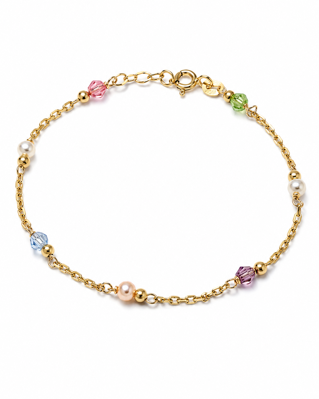 Brugt armbånd i 18 kt. med farvede dekorative perler set forfra [ai-redigeret]