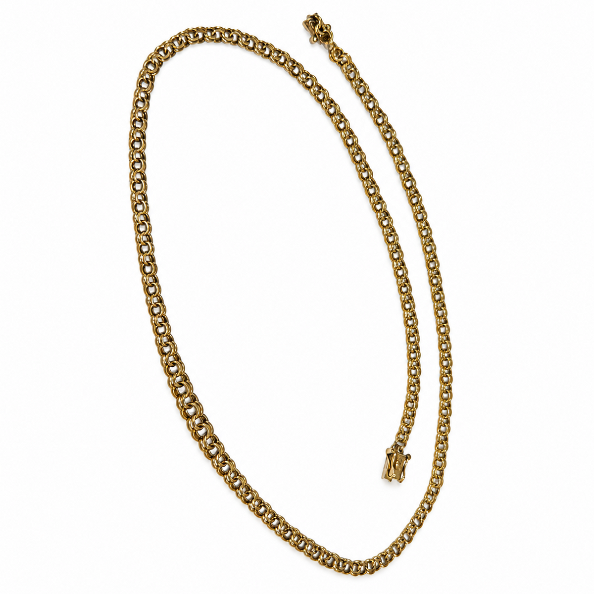 Brugt Bismark halskæde i forløb i 14 kt. guld, 46 cm lang og ca. 5,1 mm bred ved bredeste led, med kasselås og synlige naturlige brugsspor - BRUGT0132 [ai-redigeret]