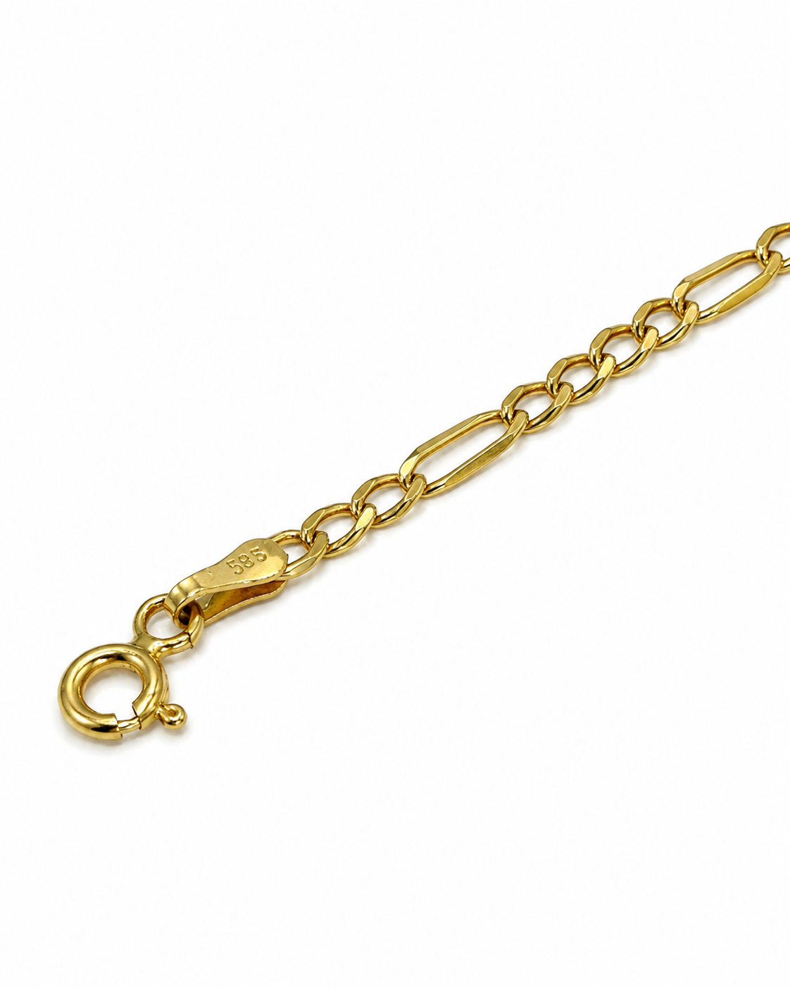 Detaljebillede af lås og 585-stempel på brugt Figaro armbånd i 14 kt. [ai-redigeret]