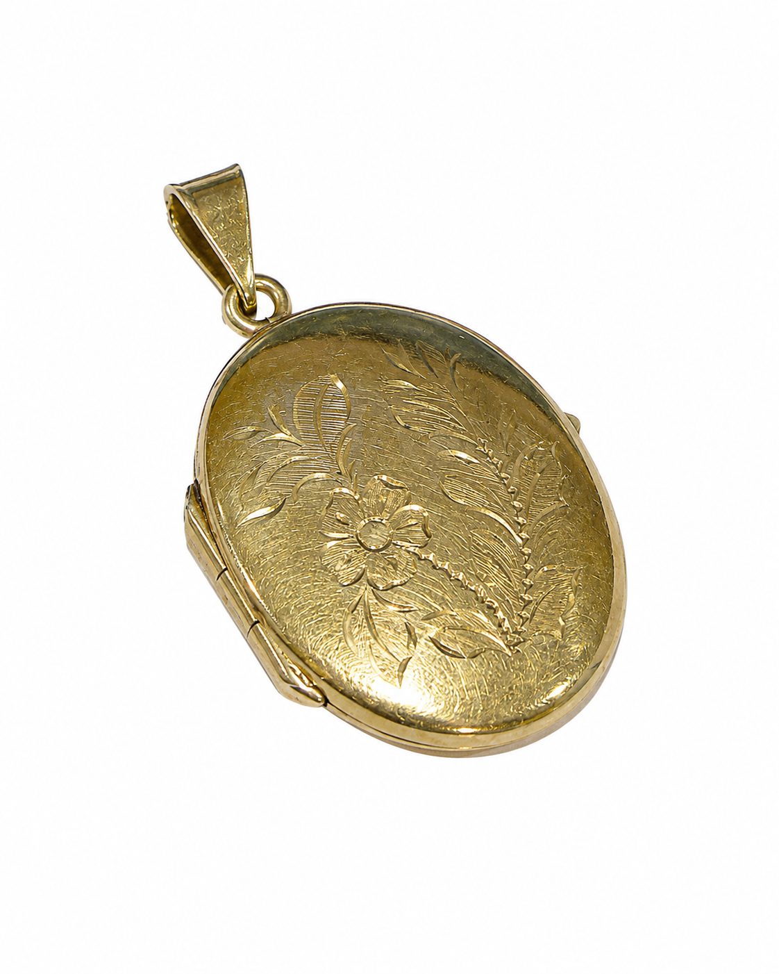 Oval medaljon 14 kt. med graveret blomstermotiv set forfra [ai-redigeret]