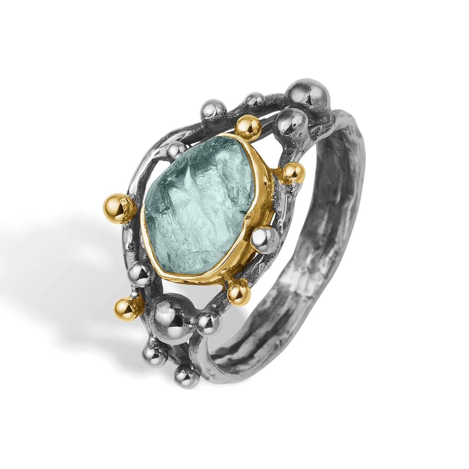 ByBirdie Urban Harlem Buds Aqua Raw ring i 925 sterlingsølv med rå blå akvamarin, 14 karat guldindfatning og dekorative guldkugler.