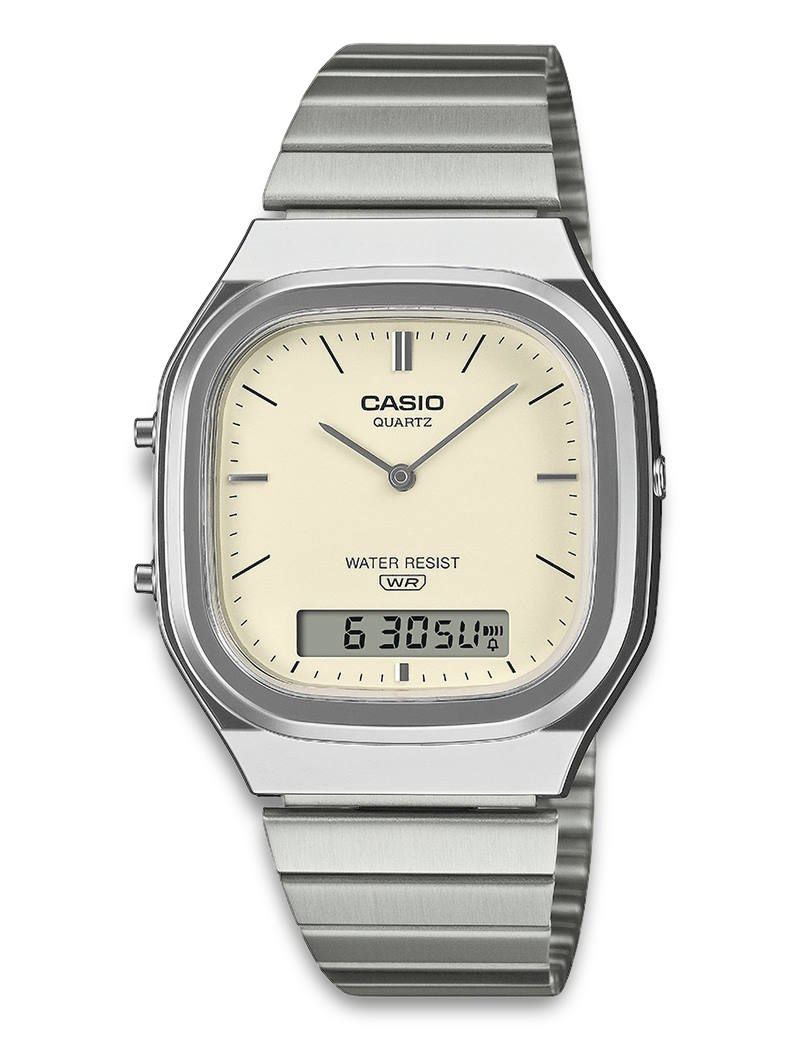 Casio AQ-240E-7A2EF dameur med digital display, analog visning, acrylglas, justerbar stållænke og vandbeskyttet urkasse.