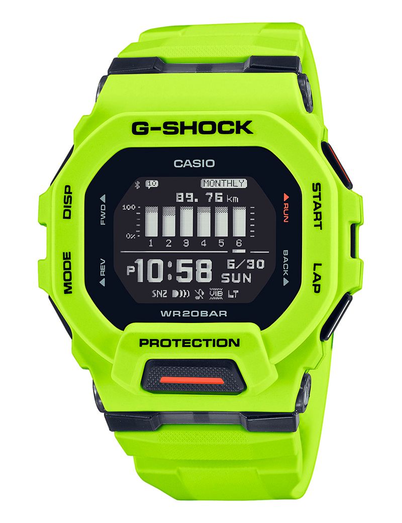 Casio G-Shock GBD-200-9ER digitalt herreur i gul resin med sort display, Bluetooth, skridtmåler, mineralglas og 200 meter vandtæthed.