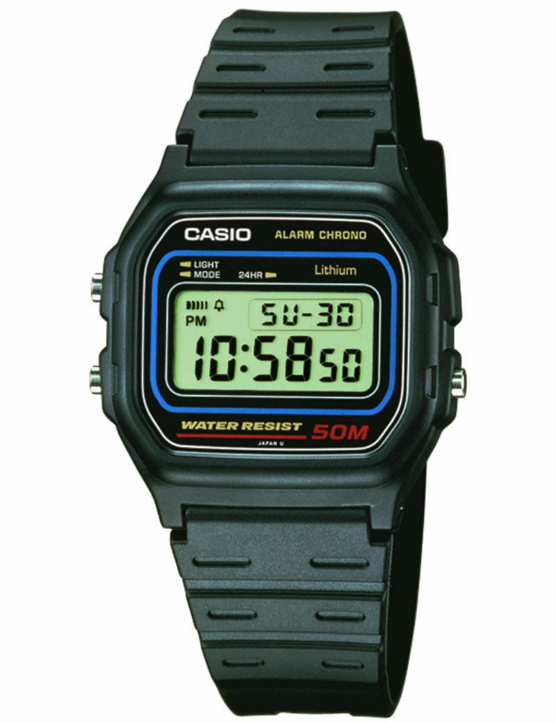 Casio Timeless W-59-1VQES digitalur med sort resin urkasse, resin rem, digitalt display, LED-lys, stopur, alarm, kalender og 5 bar vandtæthed.