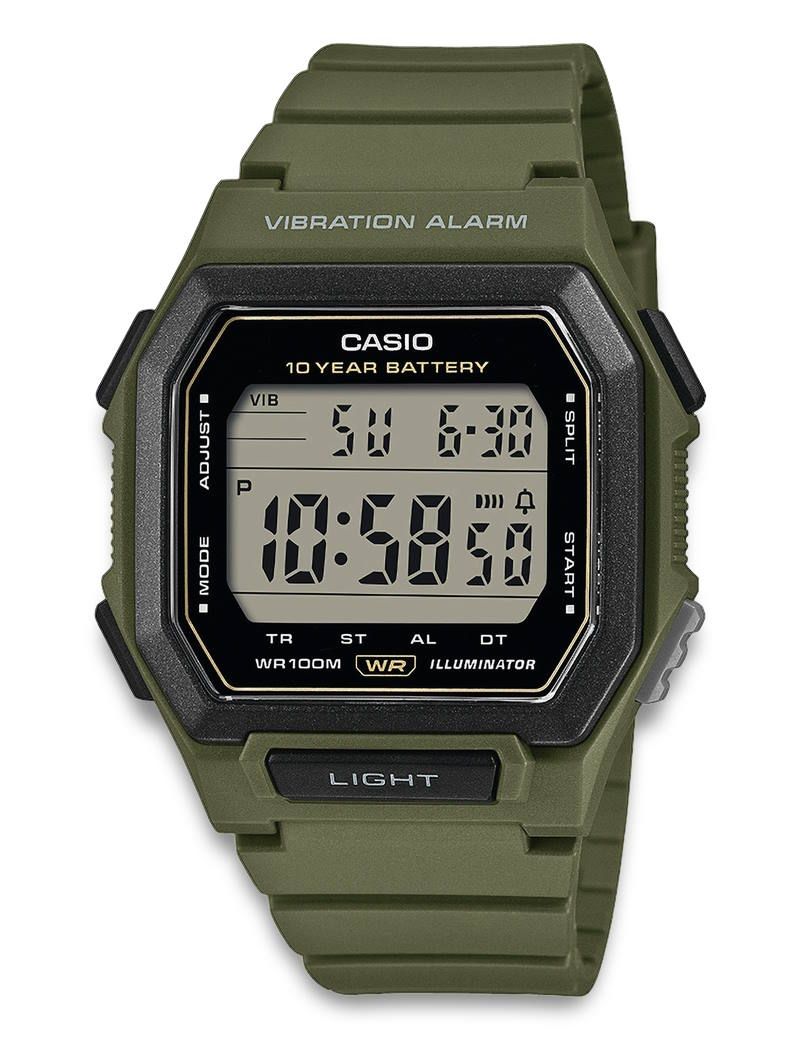 Casio Timeless W-738H-3AVEF digitalt herreur med mørkegrøn resinurkasse og rem, stort LCD-display, vibrationsalarm, Dual Time, LED-lys og 10 bar vandtæthed.