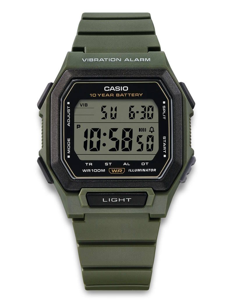 Casio Timeless W-738H-3AVEF digitalt herreur med mørkegrøn resinurkasse og rem, stort LCD-display, vibrationsalarm, Dual Time, LED-lys og 10 bar vandtæthed.