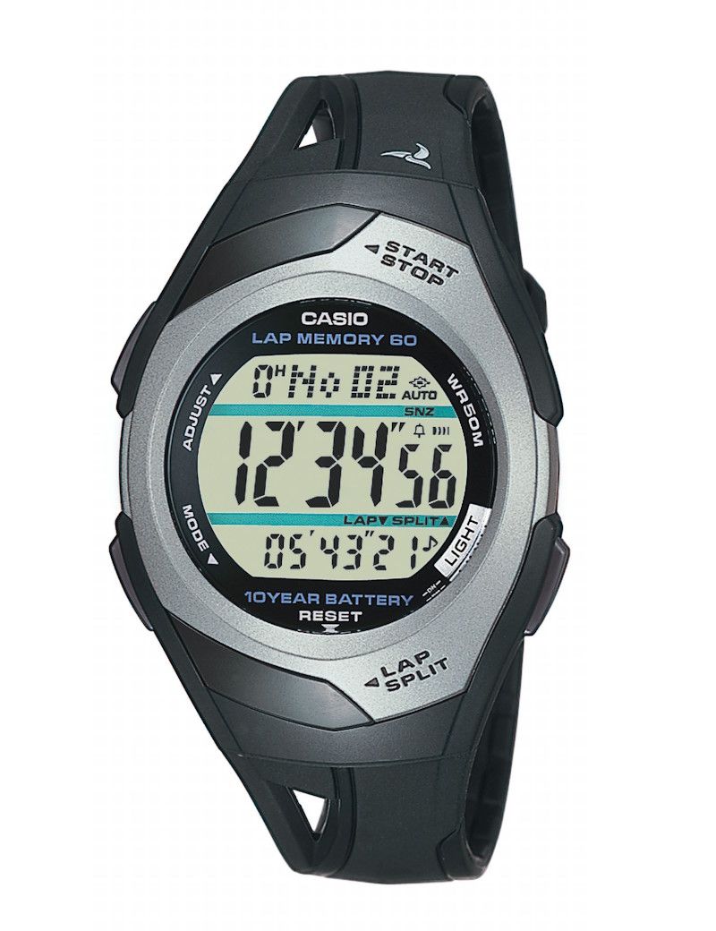 Casio Timeless STR-300C-1VEF digitalt sportsur med sort rem, sølvfarvet urkasse og stort display med tid, dato og lap-funktion. Ideelt til løb med 60 runders hukommelse og 10 års batteritid.