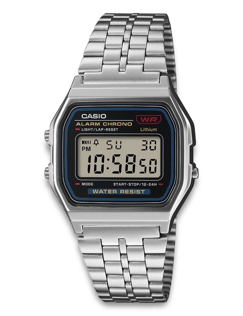 Casio Vintage A159WE-1EF digitalur med sort skive, sølvfarvet resin urkasse, LED-lys, acrylglas og justerbar stållænke.