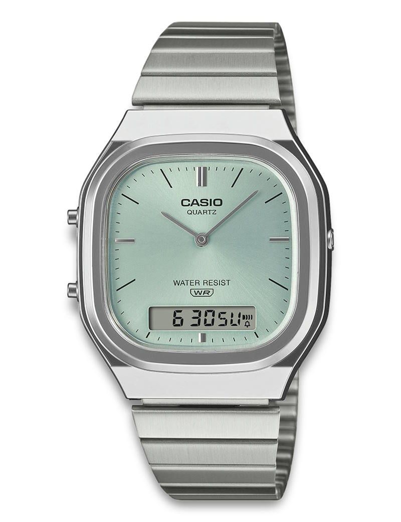 Casio Vintage AQ-240E-2AEF dameur med grå skive, anadigi visning, sølvfarvet resin urkasse og hærdet stållænke.