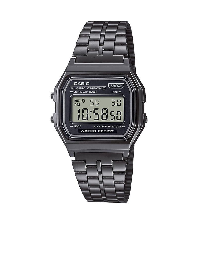 Casio Vintage A158WETB-1AEF digitalur med sort rustfri stållænke og rektangulær urkasse. LCD-display med tid, dato og alarmfunktion i klassisk retrodesign.