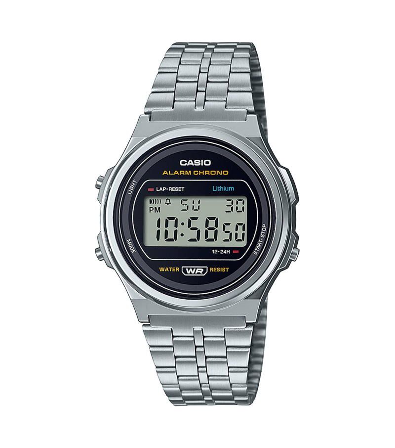 Casio Vintage A171WE-1AEF digitalur i retrodesign med sølvfarvet stållenke og rund sort urskive. Viser tid, dato og ugedag. Klassisk look med vandbeskyttelse og alarmfunktion.