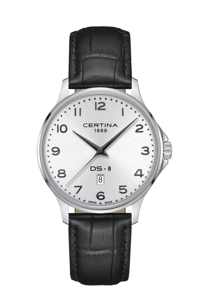 Certina DS-8 Gent 40 mm C045.410.16.032.00 herreur med sølvfarvet urskive, 316L rustfri stålkasse, sort læderrem, safirglas, Precidrive kvartsurværk, dato og 10 bar vandtæthed