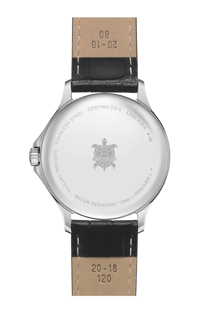 Certina DS-8 Gent 40 mm C045.410.16.032.00 herreur med sølvfarvet urskive, 316L rustfri stålkasse, sort læderrem, safirglas, Precidrive kvartsurværk, dato og 10 bar vandtæthed