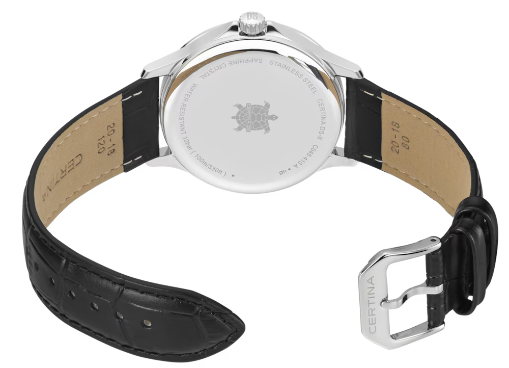 Certina DS-8 Gent 40 mm C045.410.16.032.00 herreur med sølvfarvet urskive, 316L rustfri stålkasse, sort læderrem, safirglas, Precidrive kvartsurværk, dato og 10 bar vandtæthed