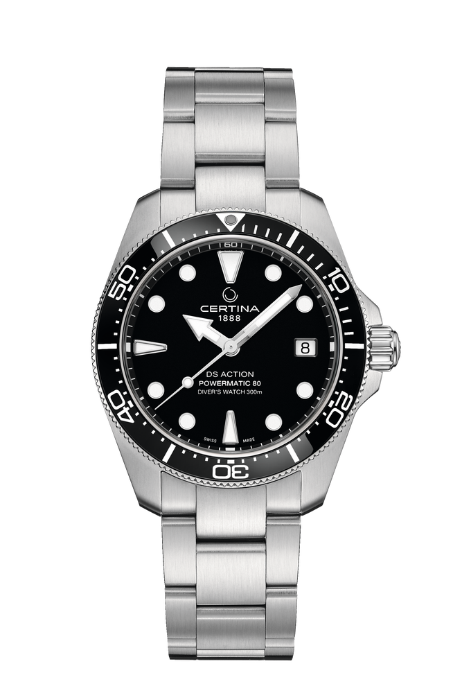 Certina DS Action Diver 38 mm Powermatic 80 C048.807.11.051.00 unisex dykkerur med sort urskive, 316L rustfri stålkasse, stållænke, keramisk lynette, safirglas, Nivachron og 300 meter vandtæthed.