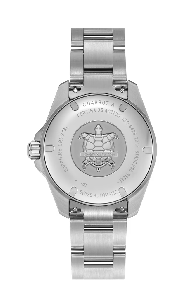 Certina DS Action Diver 38 mm Powermatic 80 C048.807.11.051.00 unisex dykkerur med sort urskive, 316L rustfri stålkasse, stållænke, keramisk lynette, safirglas, Nivachron og 300 meter vandtæthed.