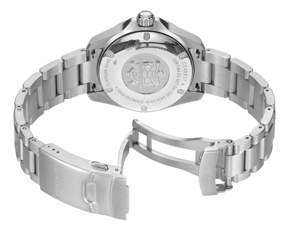 Certina DS Action Diver 38 mm Powermatic 80 C048.807.11.051.00 unisex dykkerur med sort urskive, 316L rustfri stålkasse, stållænke, keramisk lynette, safirglas, Nivachron og 300 meter vandtæthed.