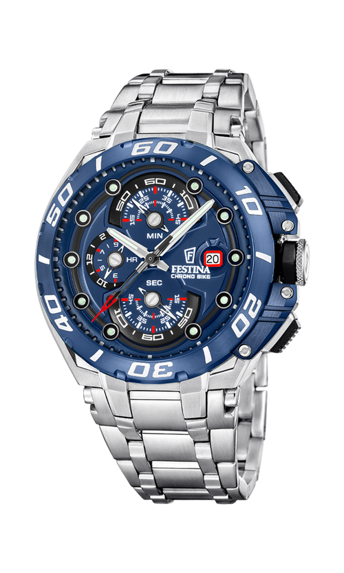 Festina Chrono Bike F20754/4 herreur i rustfrit stål med blå skive, blå lynette, chronograf-design og 46 mm urkasse.