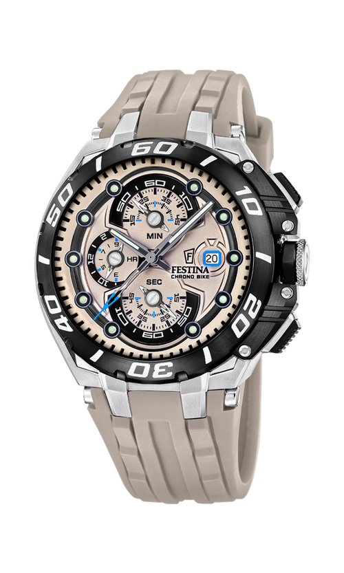 Festina Chrono Bike F20755/2 herreur med brun skive, brun rem, sort lynette, chronograf-design og 46 mm urkasse.