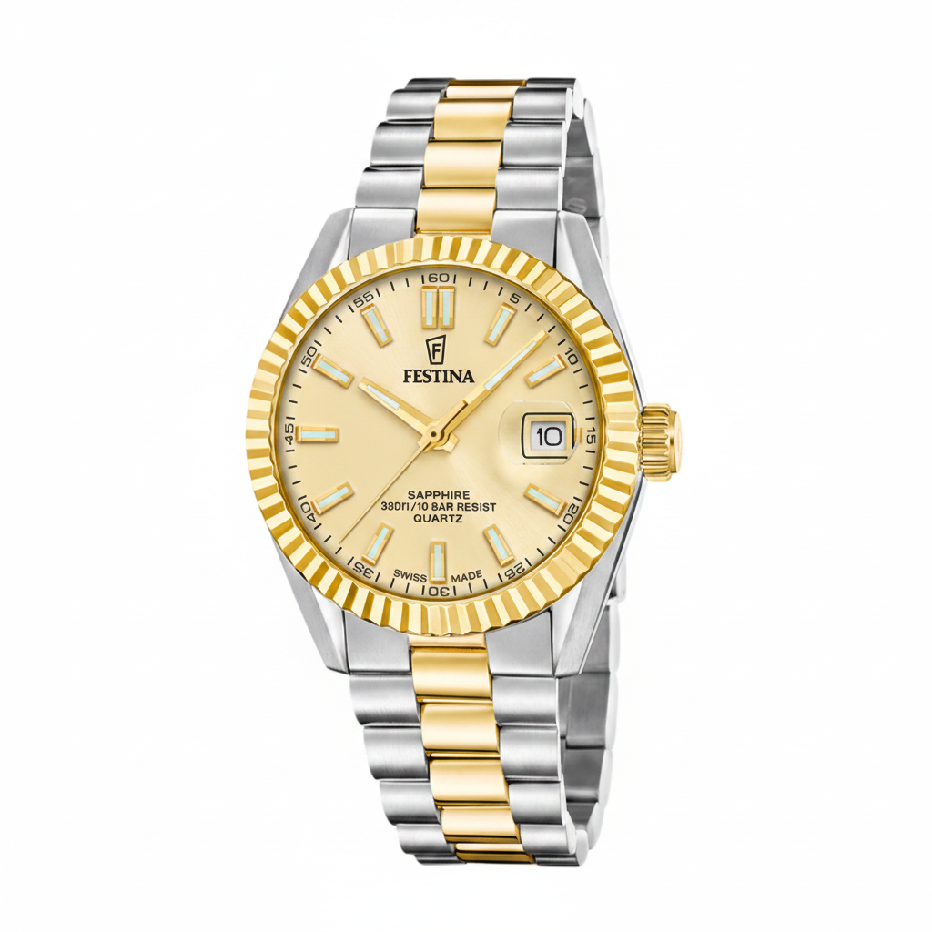 Festina Swiss Made Classic Steel F20085/A herreur i stål og guld med guldfarvet urskive, safirglas og datovisning.