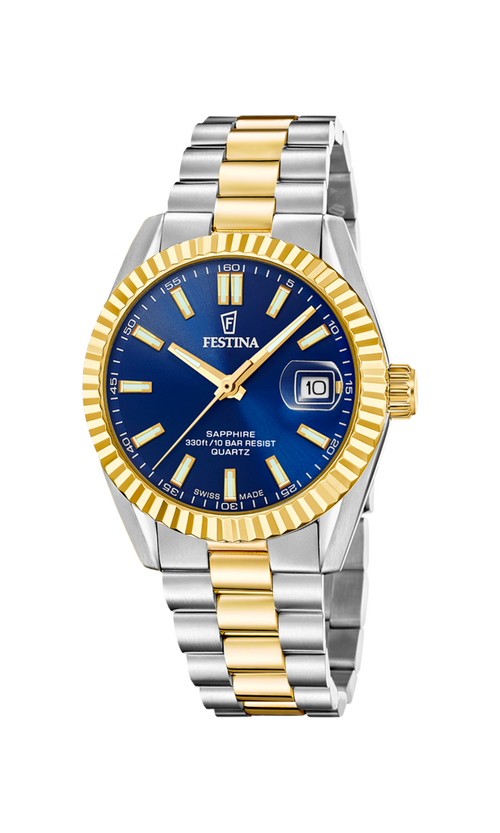 Festina Swiss Made Classic Steel F20085/B herreur i stål og guld med blå urskive, safirglas og datovisning.