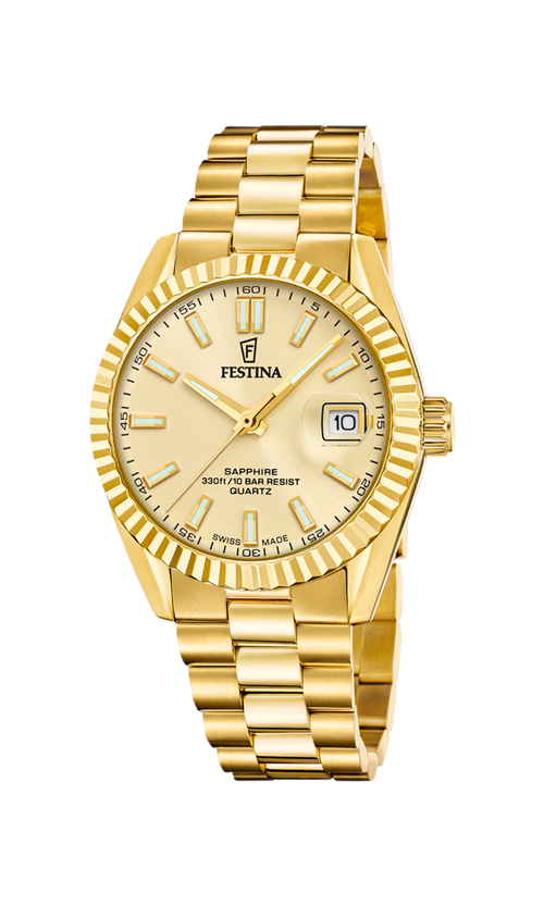 Festina Swiss Made Classic Steel F20086/A herreur i guldfarvet 316L rustfrit stål med guldfarvet urskive, safirglas og datovisning.